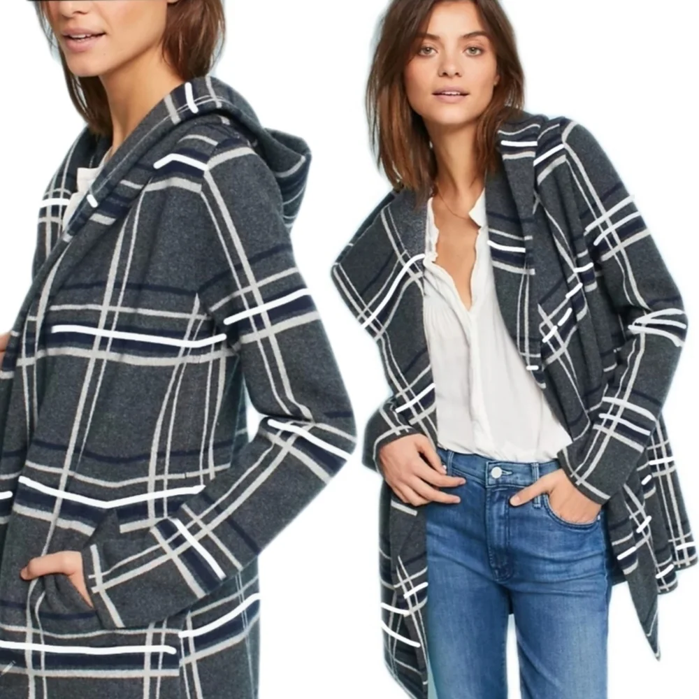 Heathmoor Womens Gray & Cream Glen Plaid Hooded Open Long Cardigan Coat Size S - Picture 2 of 10